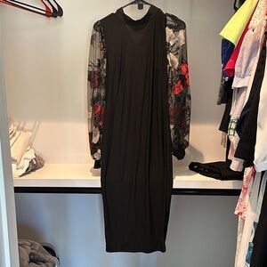 VENUS Black Midi Dress with Embroidered Sheer Floral Sleeves